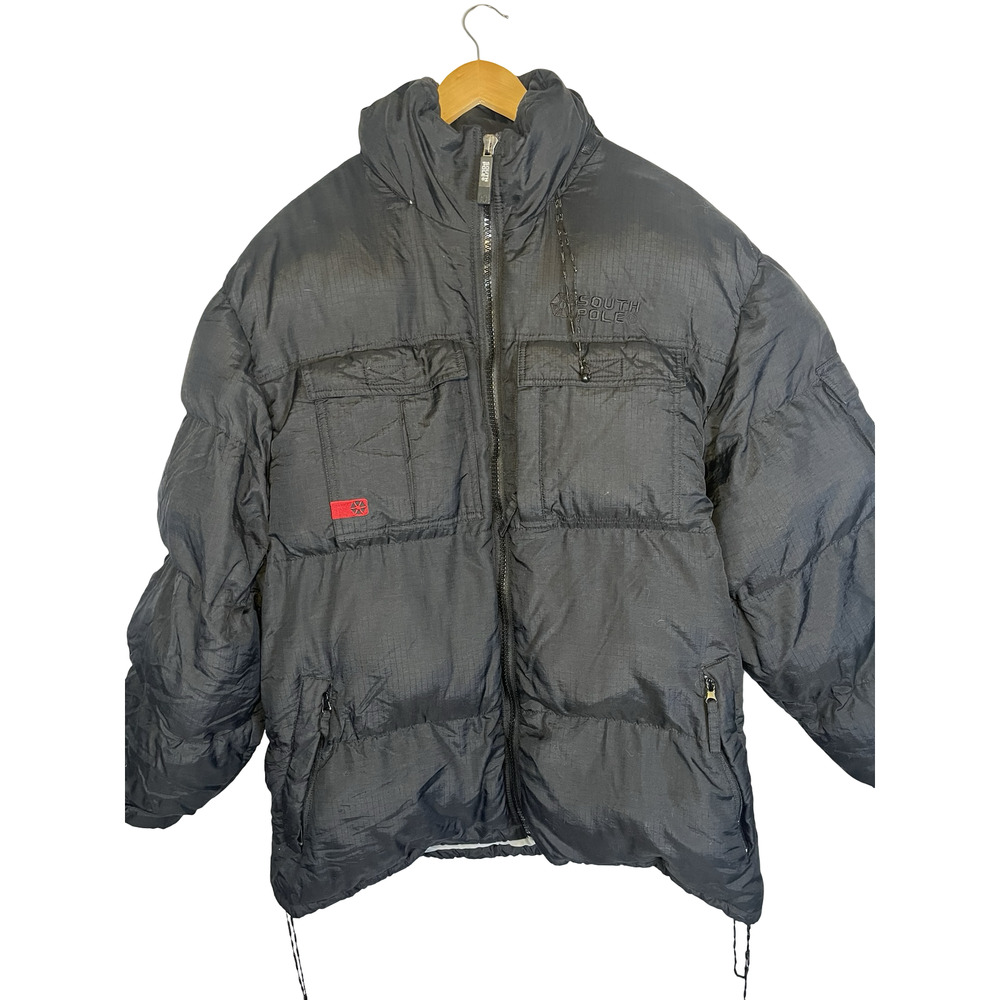 Vintage Southpole Puffer Jacket Mens XL Black Hooded‎ Nylon Drawstring Ripstop